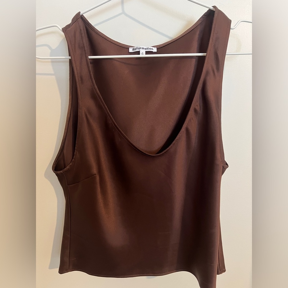 Reformation Chocolate Brown Satin Scoop Tank